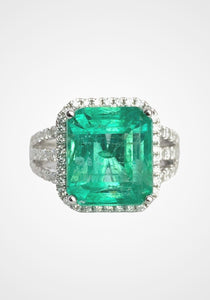 Significant Trinity, 18K White Gold, Columbian Emerald Solitaire + Diamond Ring
