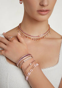 7 Medium Link, 18K Yellow Gold, Pink Ceramic + Pavé Diamond Bracelet