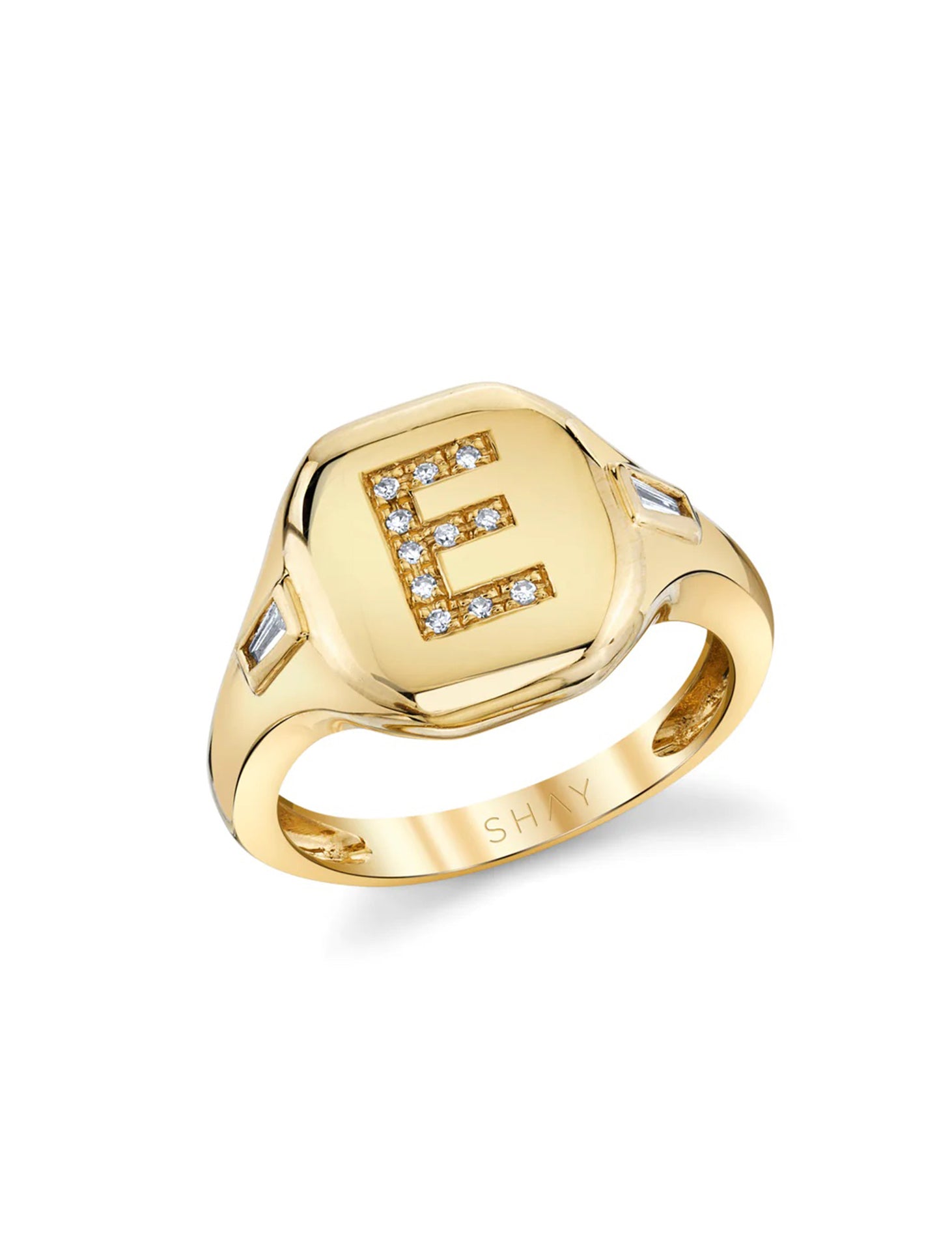 Letter E Initial, 18K Yellow Gold + Diamond Pinky Ring