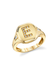 Letter E Initial, 18K Yellow Gold + Diamond Pinky Ring