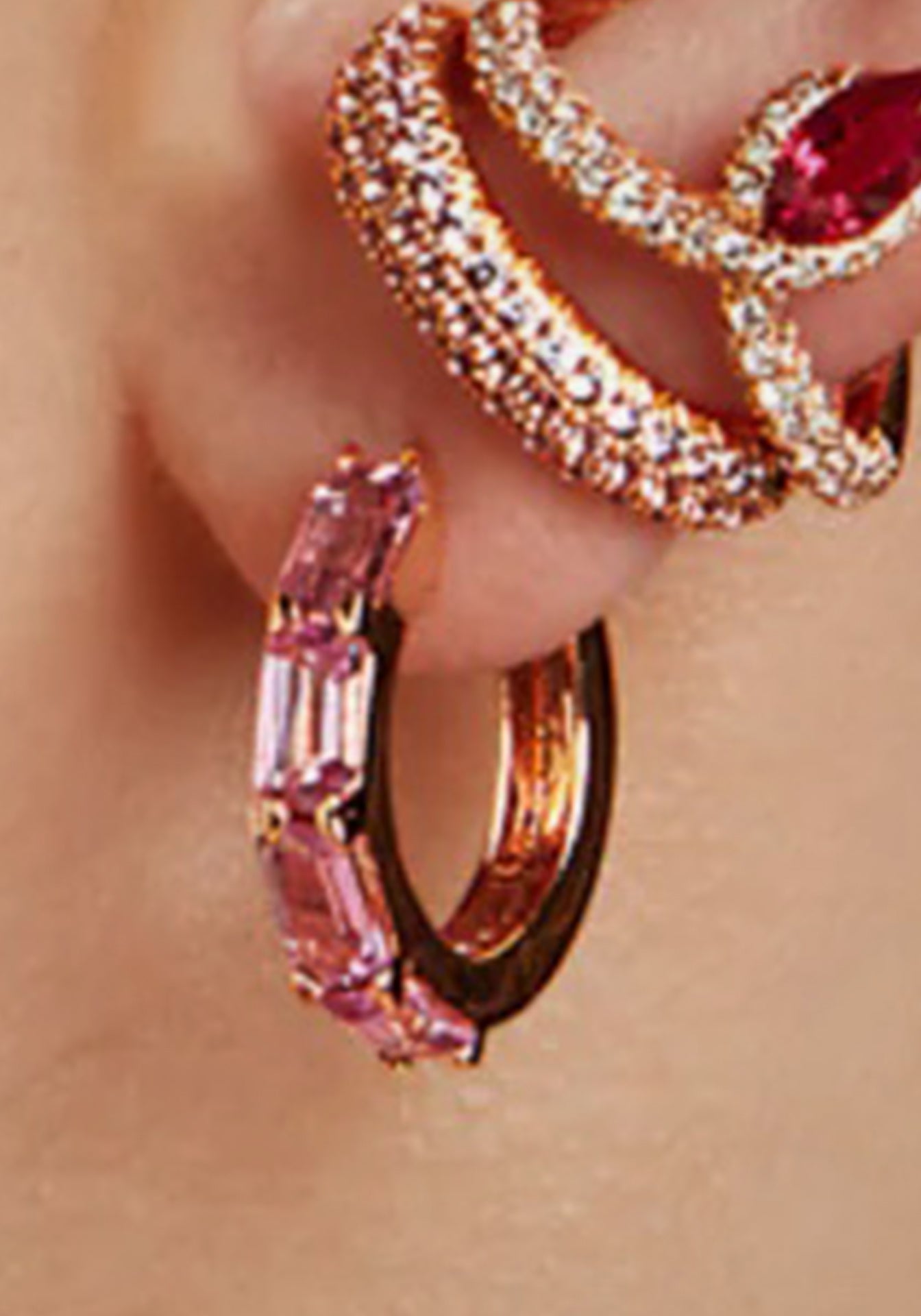 Bezel, 18K Rose Gold + Pink Sapphire Huggies