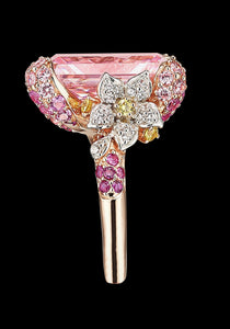 Cinderella, 18K Gold, Pink Sapphires + Diamond Ring