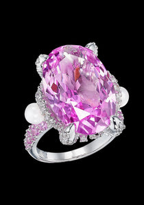 Cinderella, 18K White Gold, Pink Sapphires, Pearls + Diamond Ring