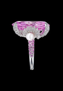 Cinderella, 18K White Gold, Pink Sapphires, Pearls + Diamond Ring