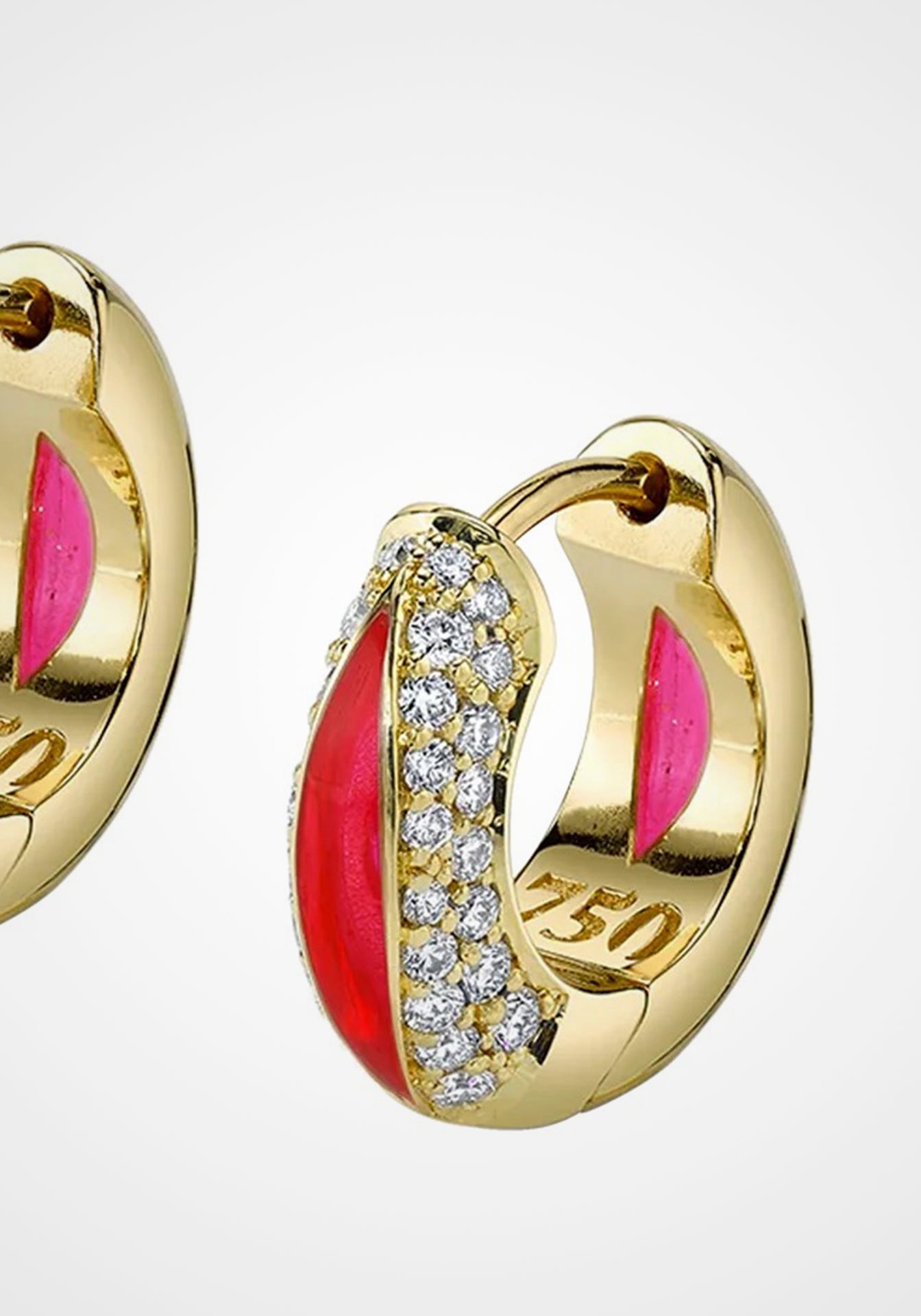 The Perfect, 18K Yellow Gold, Red Enamel + Diamond Huggies