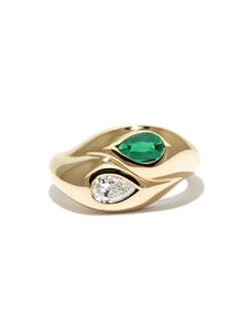 Toi et Moi Pear Bubble, 14K Yellow Gold, Emerald + Diamond Ring