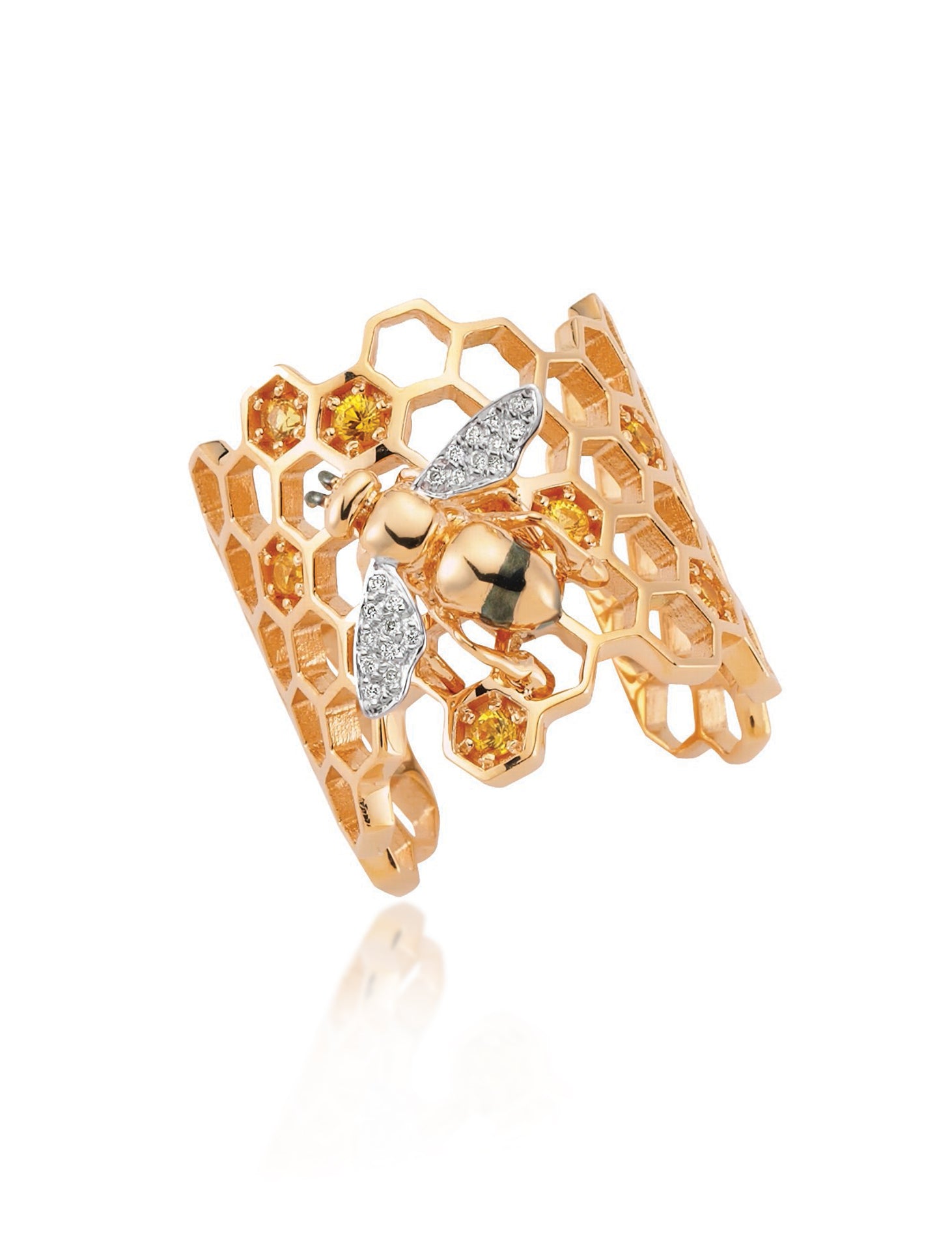 Honeycomb, 14K Rose Gold, Yellow Sapphire + Diamond Ring
