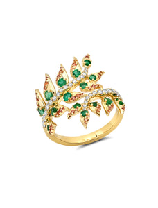 Árvore, 18K Yellow Gold, Orange Sapphire + Emerald Bypass Ring
