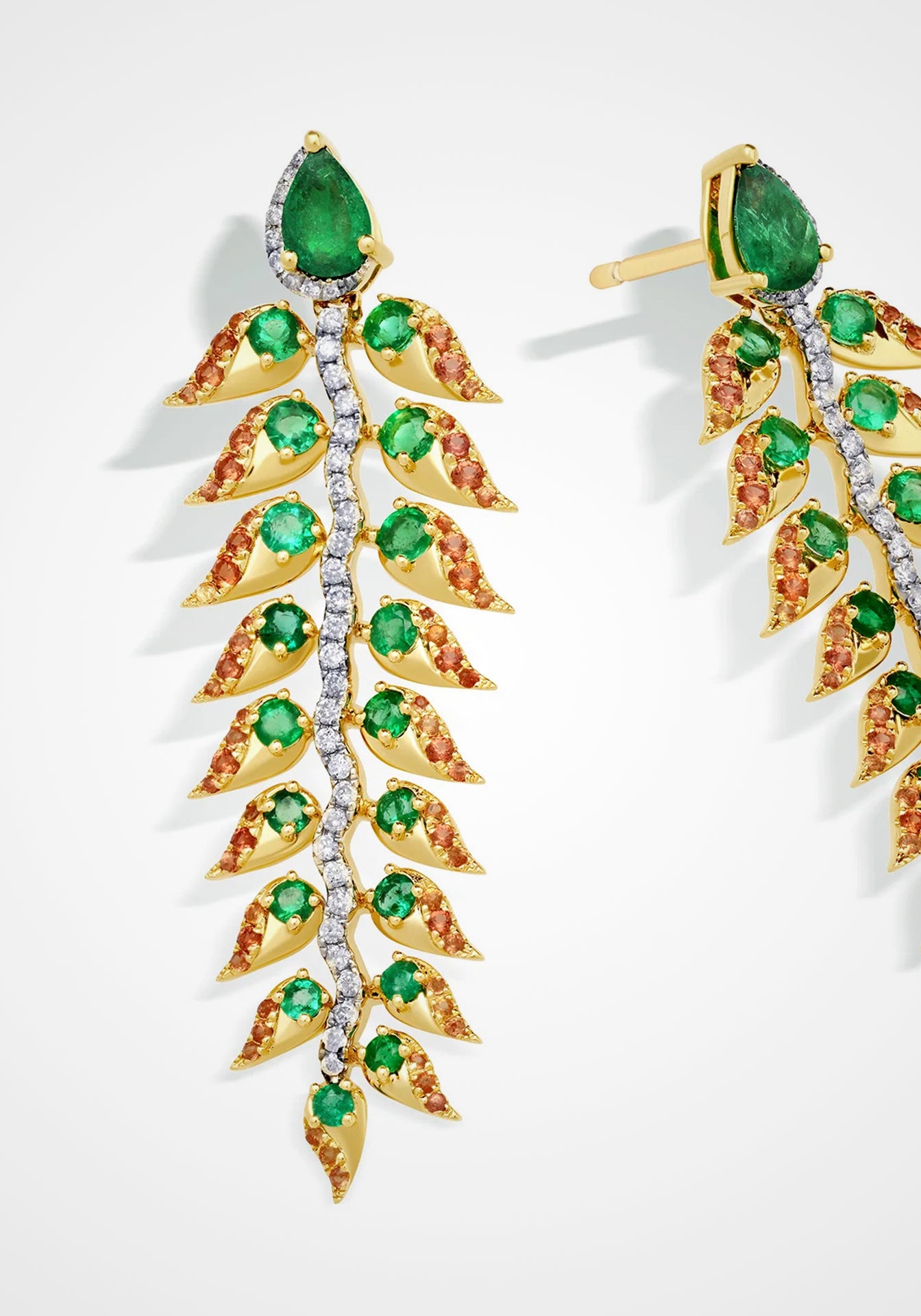Árvore, 18K Yellow Gold, Orange Sapphire + Emerald Drop Earrings