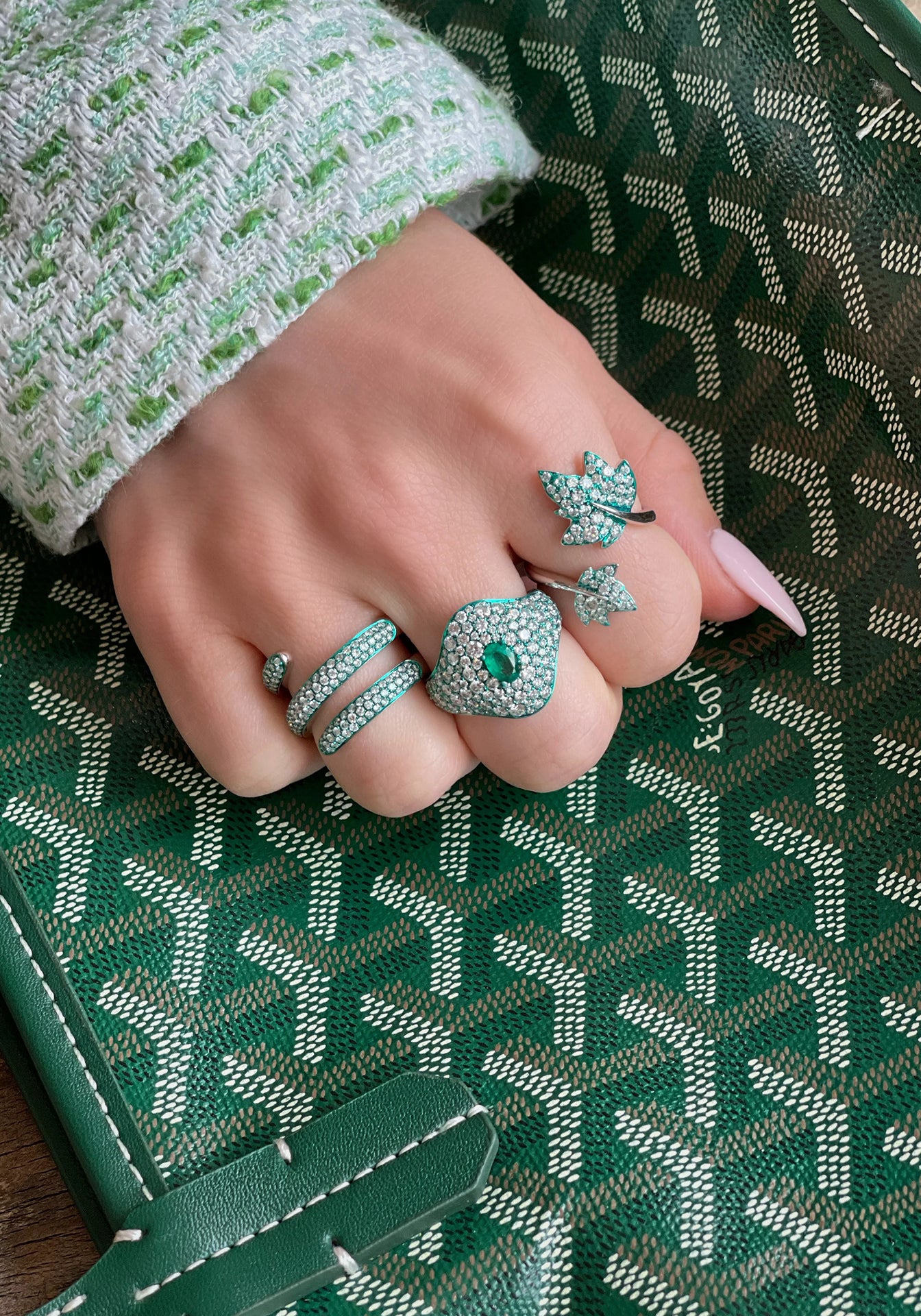 18K White Gold, Green Rhodium, Emerald + Diamond Ring