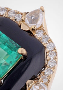 Ooak, 18K Yellow Gold, Emerald + Black Onyx Ring