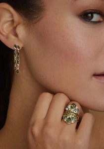 Asymmetrical, 18K Yellow Gold, Green Tourmaline + Diamond Earrings