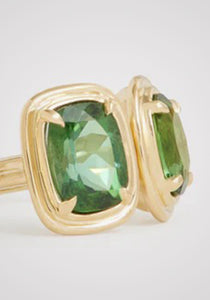 Double Surround, 18K Yellow Gold, Cushion Cut + Oval Green Tourmaline Ring