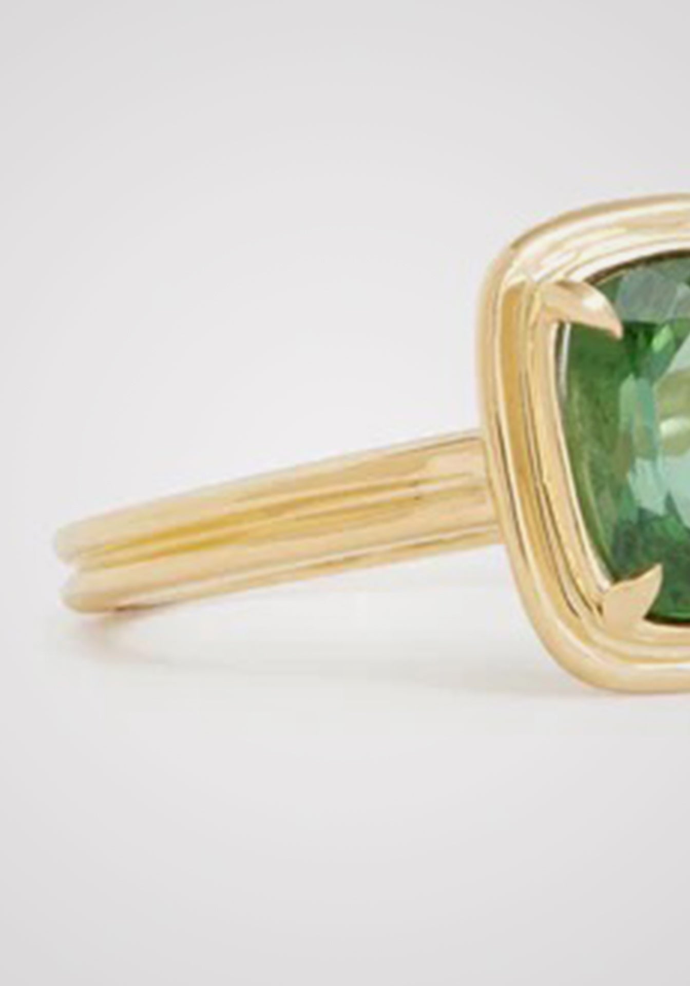 Double Surround, 18K Yellow Gold, Cushion Cut + Oval Green Tourmaline Ring