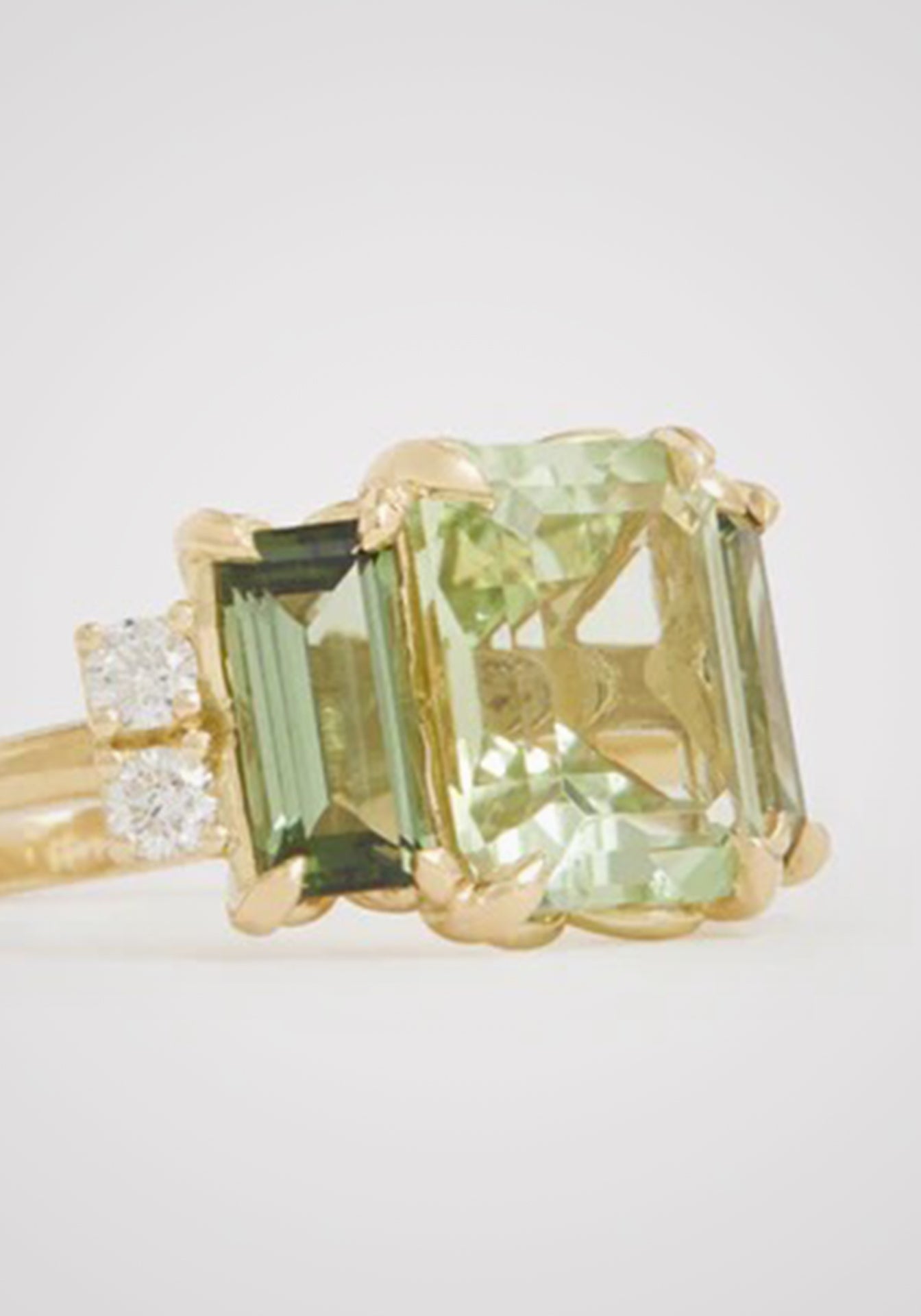 Emerald Cut, 18K Yellow Gold, Green Tourmaline + Diamond Ring