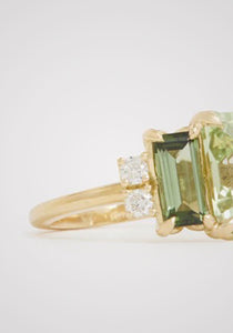 Emerald Cut, 18K Yellow Gold, Green Tourmaline + Diamond Ring
