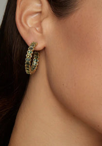 Oval Shaped, 18K Yellow Gold + Light Green Tourmaline Hoop Earrings