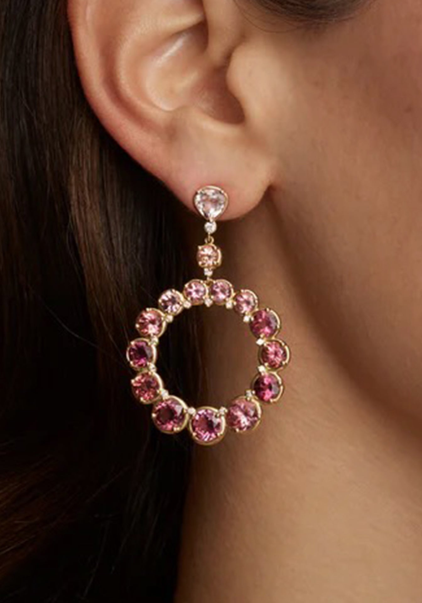 Ombré Circular, 18K Yellow Gold, Pink Tourmaline + Diamond Earrings