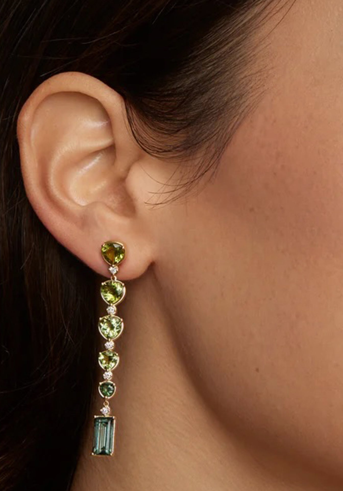 Ombré Pear Shape and Emerald Cut Drop, 18K Yellow Gold, Green Tourmaline + Diamond Earrings