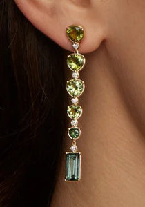 Ombré Pear Shape and Emerald Cut Drop, 18K Yellow Gold, Green Tourmaline + Diamond Earrings