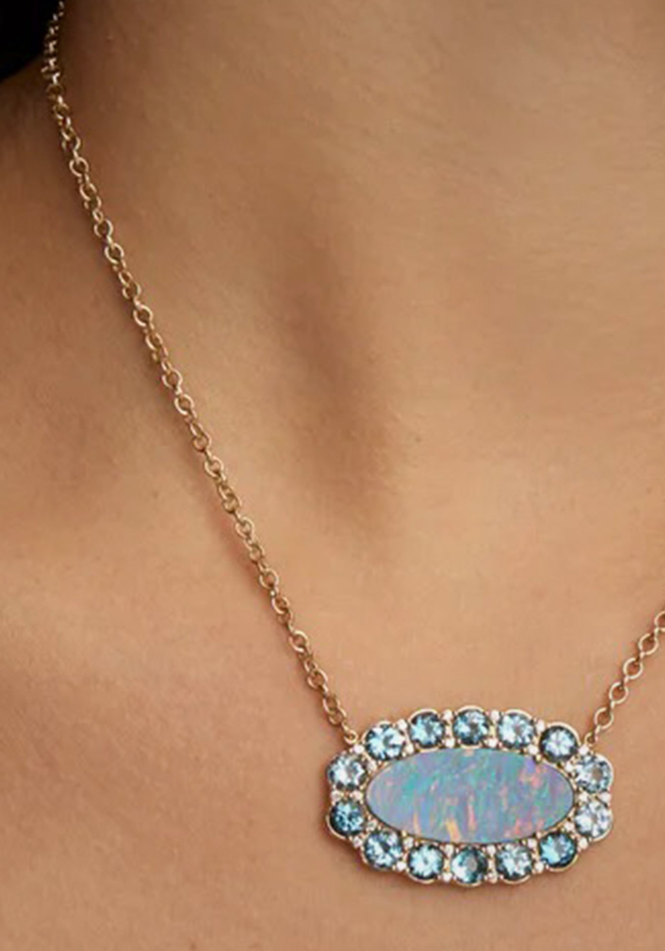 Opal, 18K Yellow Gold, Blue Topaz + Diamond Necklace