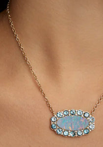 Opal, 18K Yellow Gold, Blue Topaz + Diamond Necklace