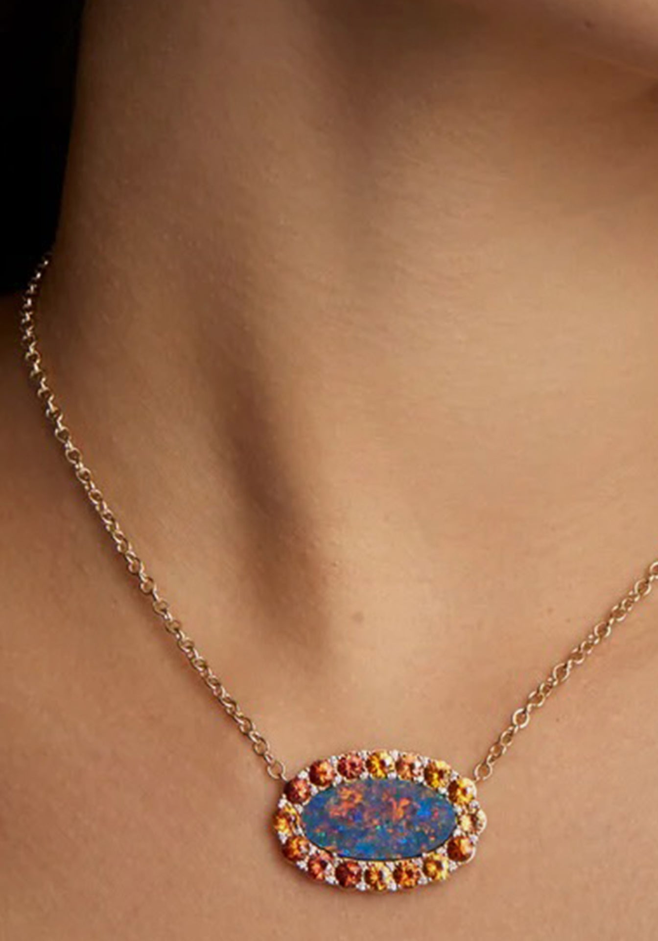 Opal, 18K Yellow Gold, Orange Sapphire + Diamond Necklace