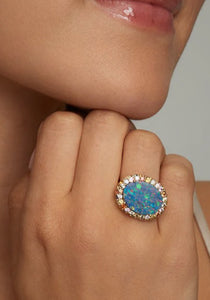 Oval Opal, 18K Yellow Gold, Multicolor Sapphires + Diamond Earrings