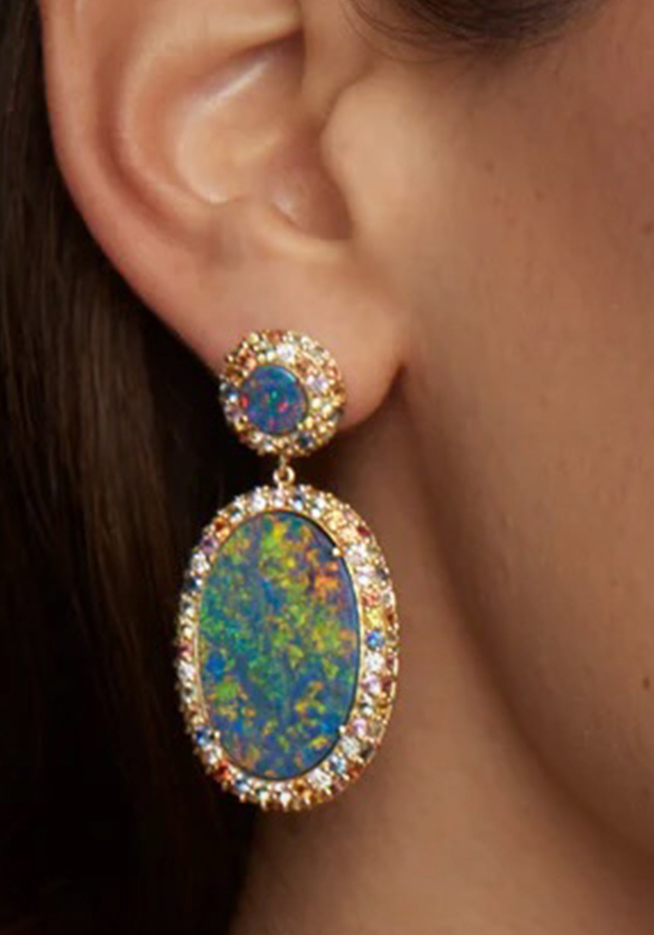 Oval Opal, 18K Yellow Gold, Multicolor Sapphires + Diamond Earrings