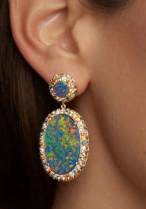 Oval Opal, 18K Yellow Gold, Multicolor Sapphires + Diamond Earrings