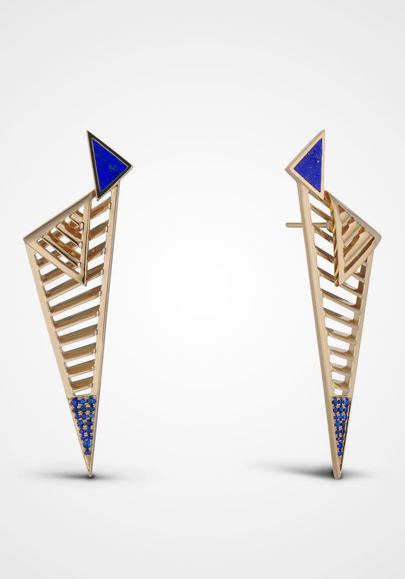 Fenestra Arc Edge, 18K Yellow Gold, Blue Sapphire + Lapis Earrings