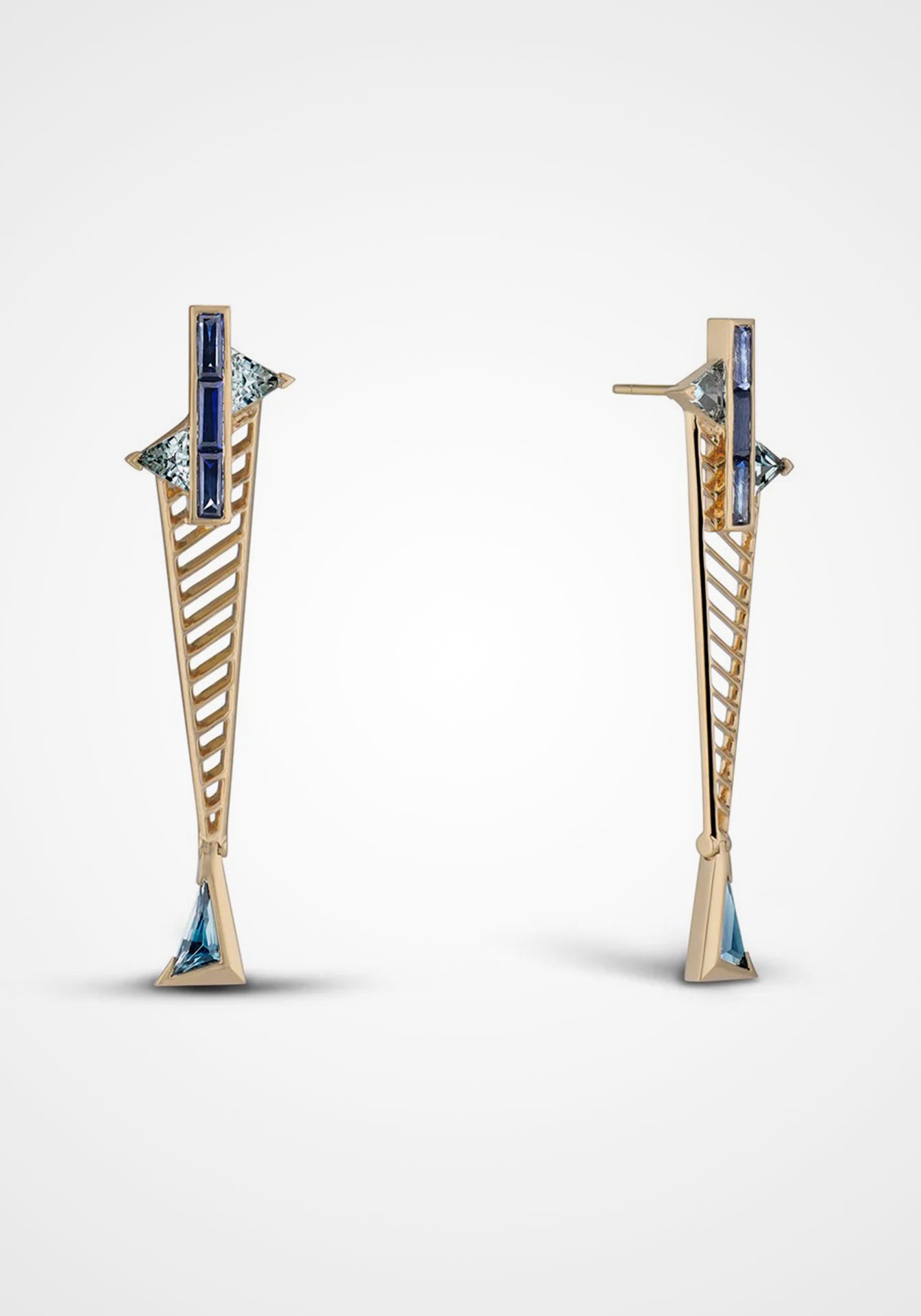 Fenestra Suspension, 18K Yellow Gold, Blue Sapphire, Aquamarine + Blue Topaz Earrings