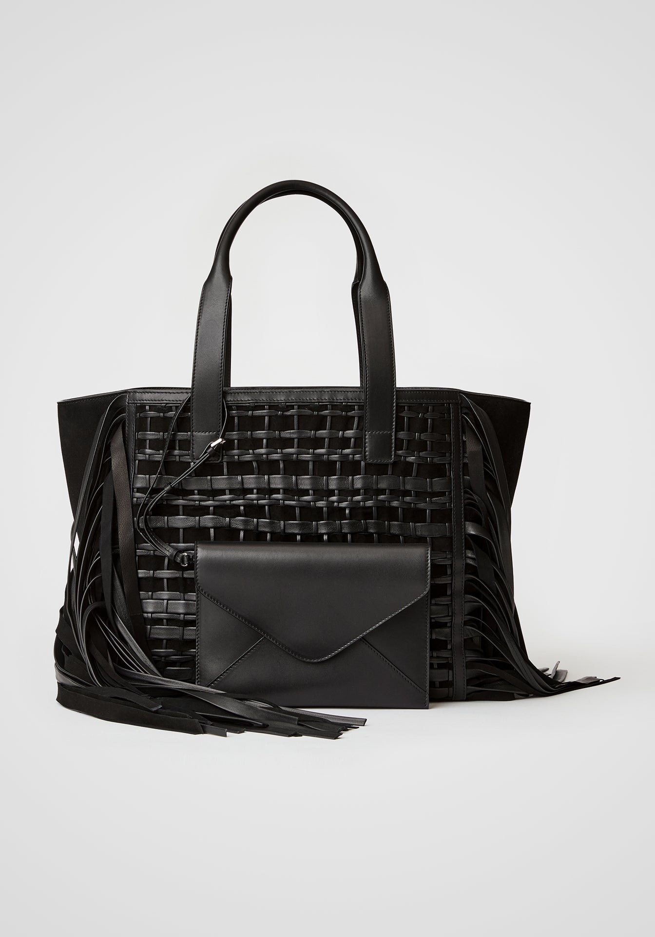 Handwoven Fringe Leather + Suede L Tote, Small