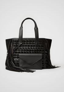 Handwoven Fringe Leather + Suede L Tote, Small