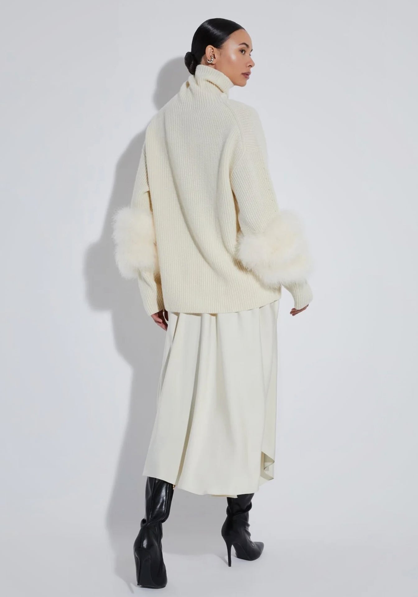 Airy Cashmere Silk Ribbed Turtleneck With Marabou