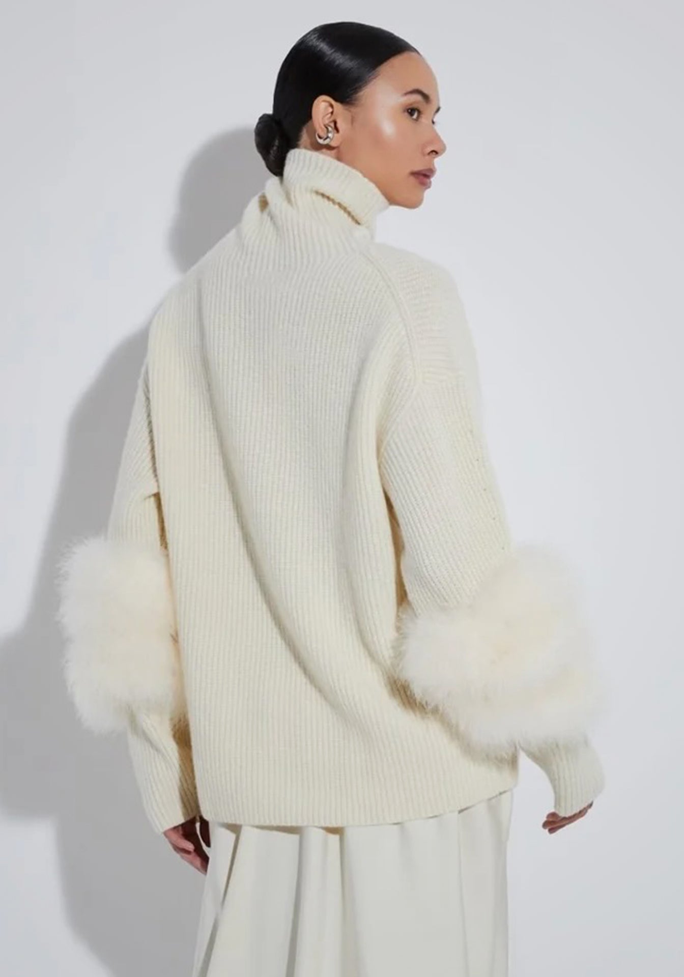 Airy Cashmere Silk Ribbed Turtleneck With Marabou