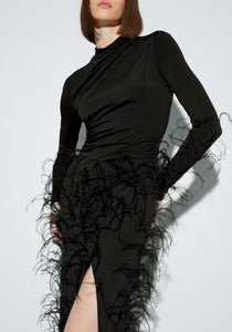 Jersey Draped Gown With Feathers