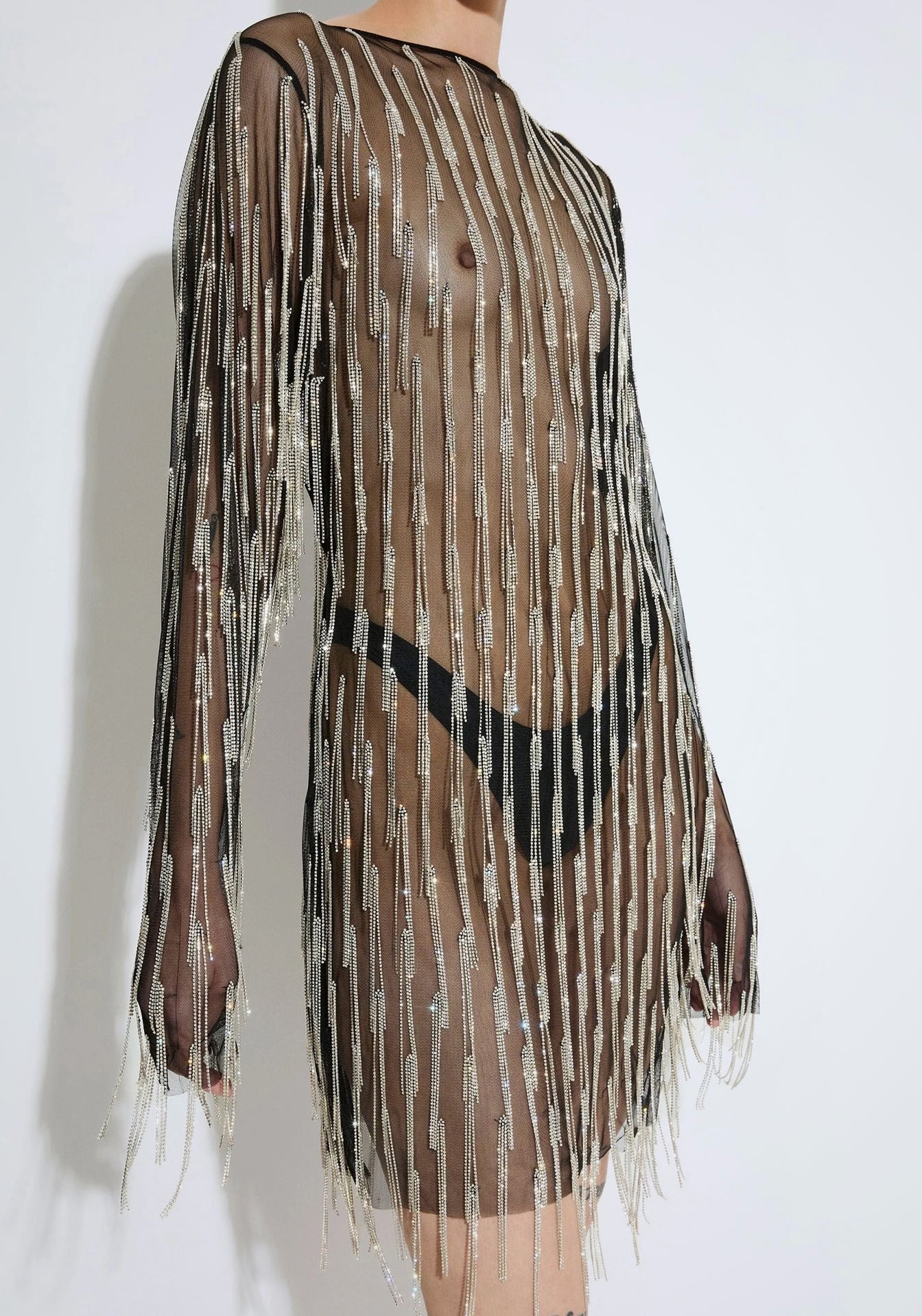 Rhinestone Fringe Boatneck Mini Dress