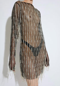 Rhinestone Fringe Boatneck Mini Dress