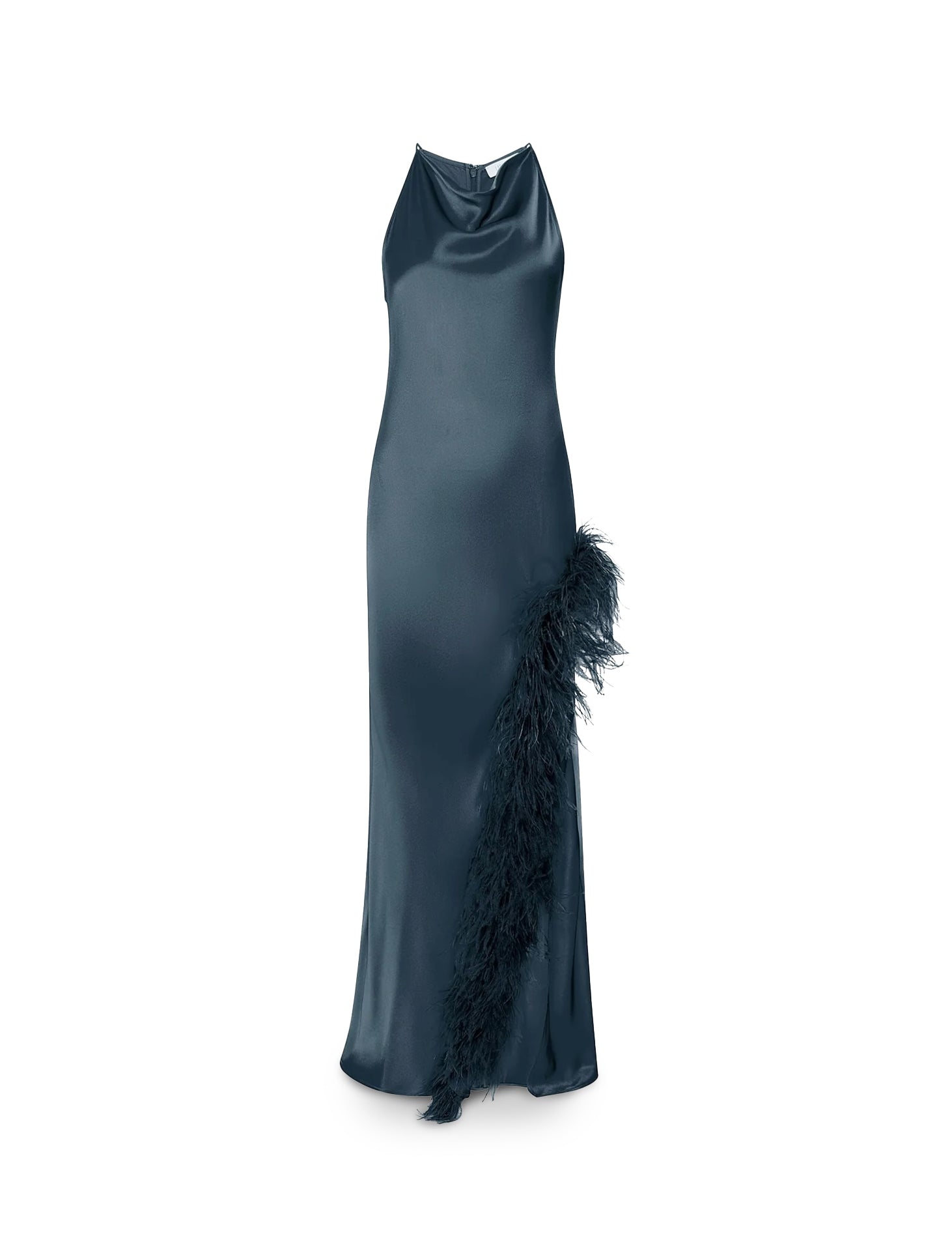 Satin Halter Gown With Feathers