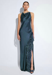 Satin Halter Gown With Feathers