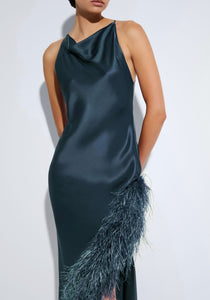 Satin Halter Gown With Feathers