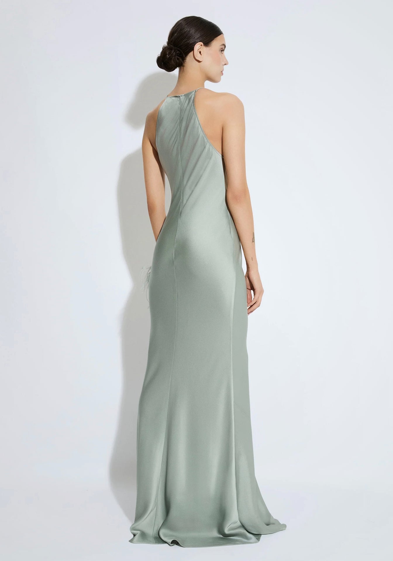 Satin Halter Gown with Feathers