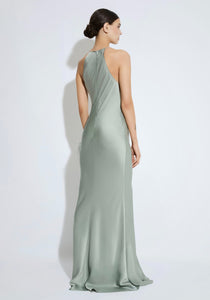 Satin Halter Gown with Feathers