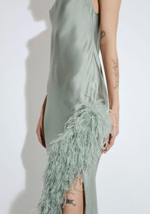Satin Halter Gown with Feathers