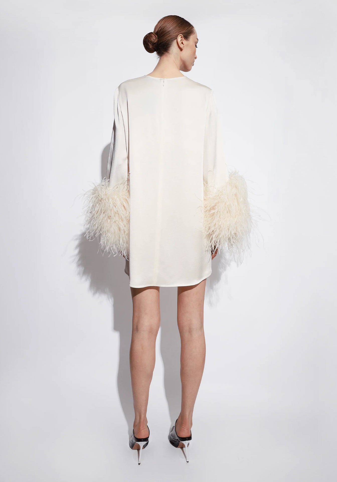 Satin Shift Dress with Feathers
