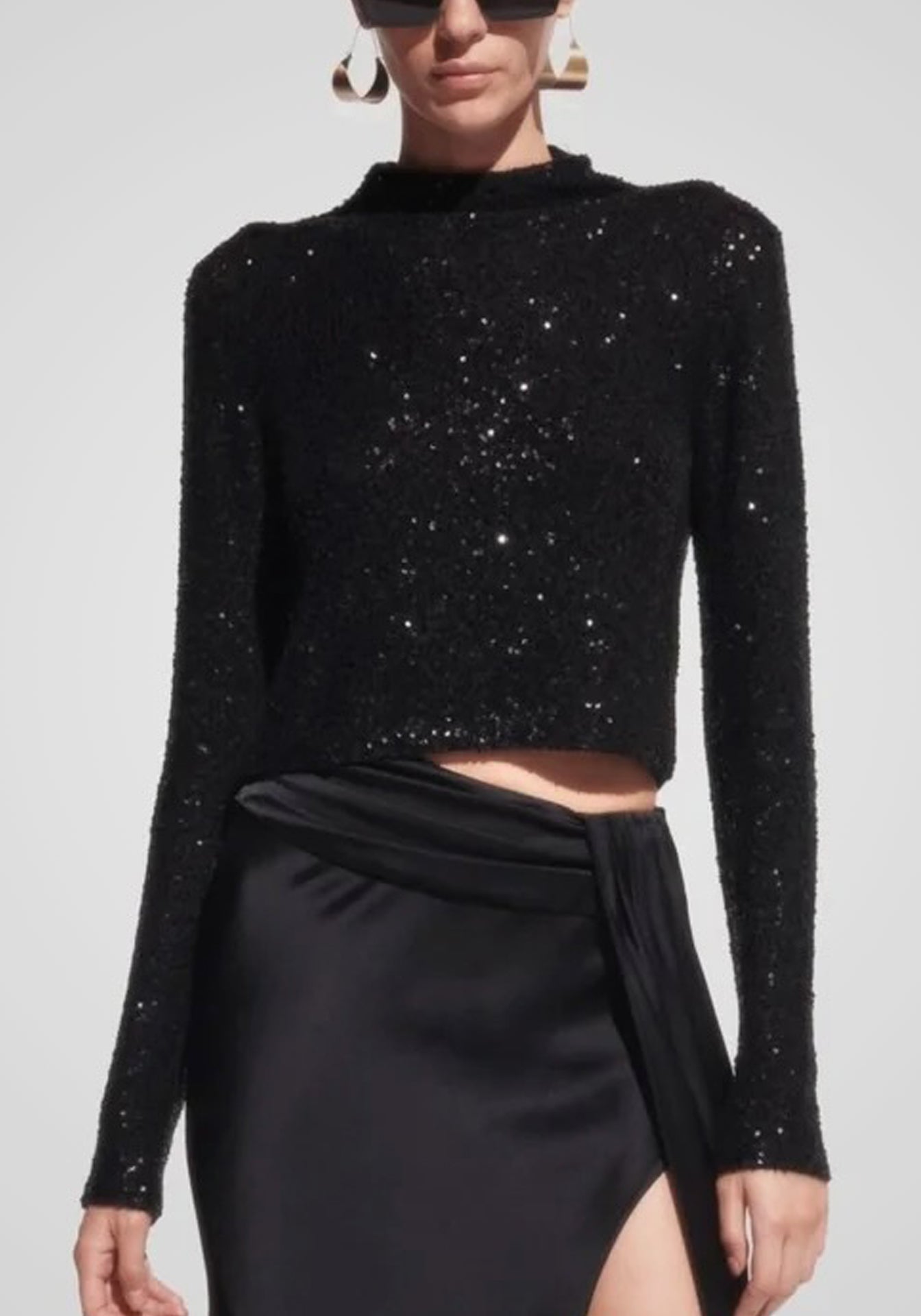 Sequin Cashmere Silk Cropped Mock Neck