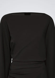 Stretch Drape Crepe Off The Shoulder Dress with Feathers