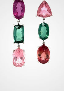 Asymmetric, 18K White Gold + Mixed Color Tourmaline Earrings