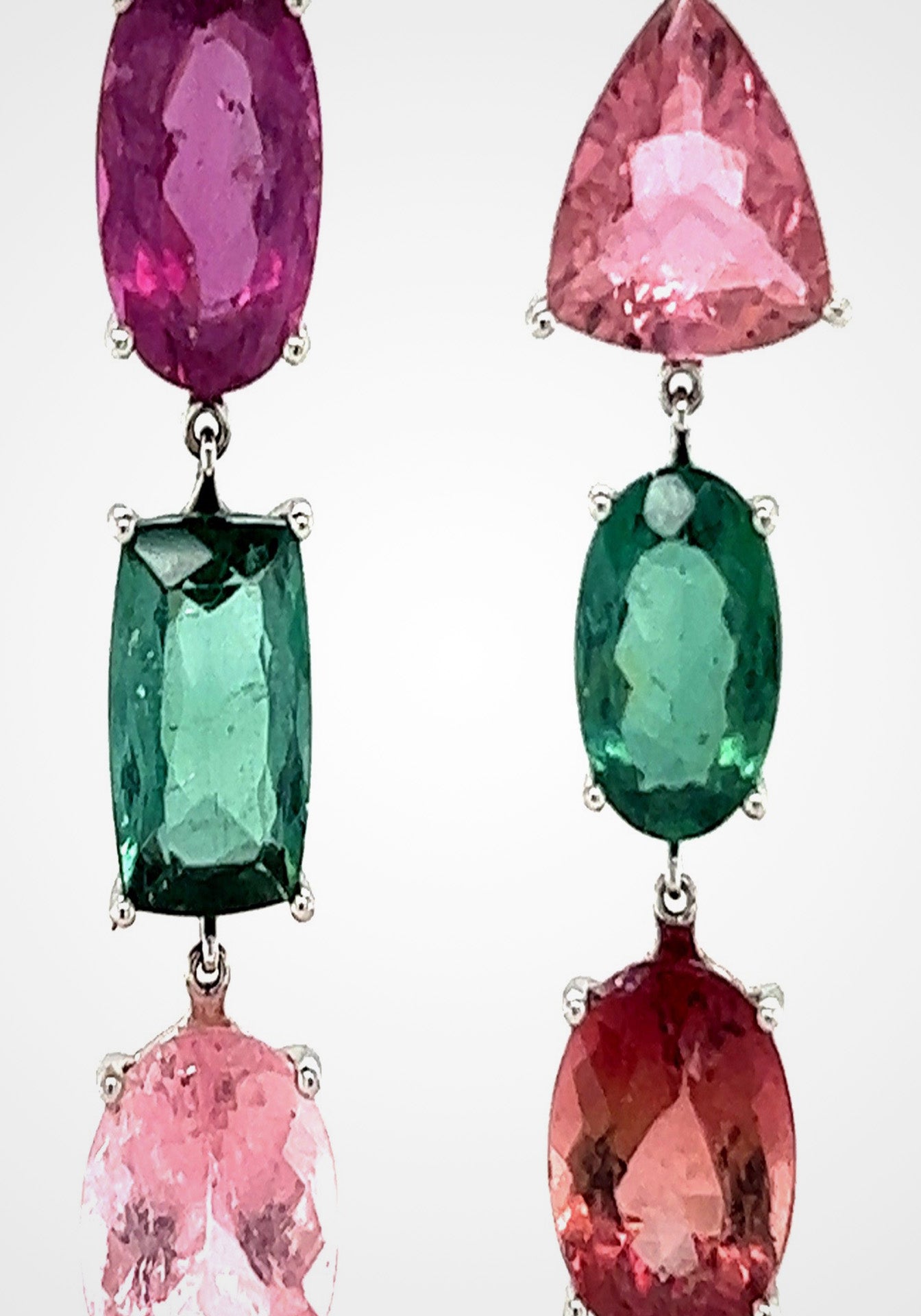 Asymmetric, 18K White Gold + Mixed Color Tourmaline Earrings